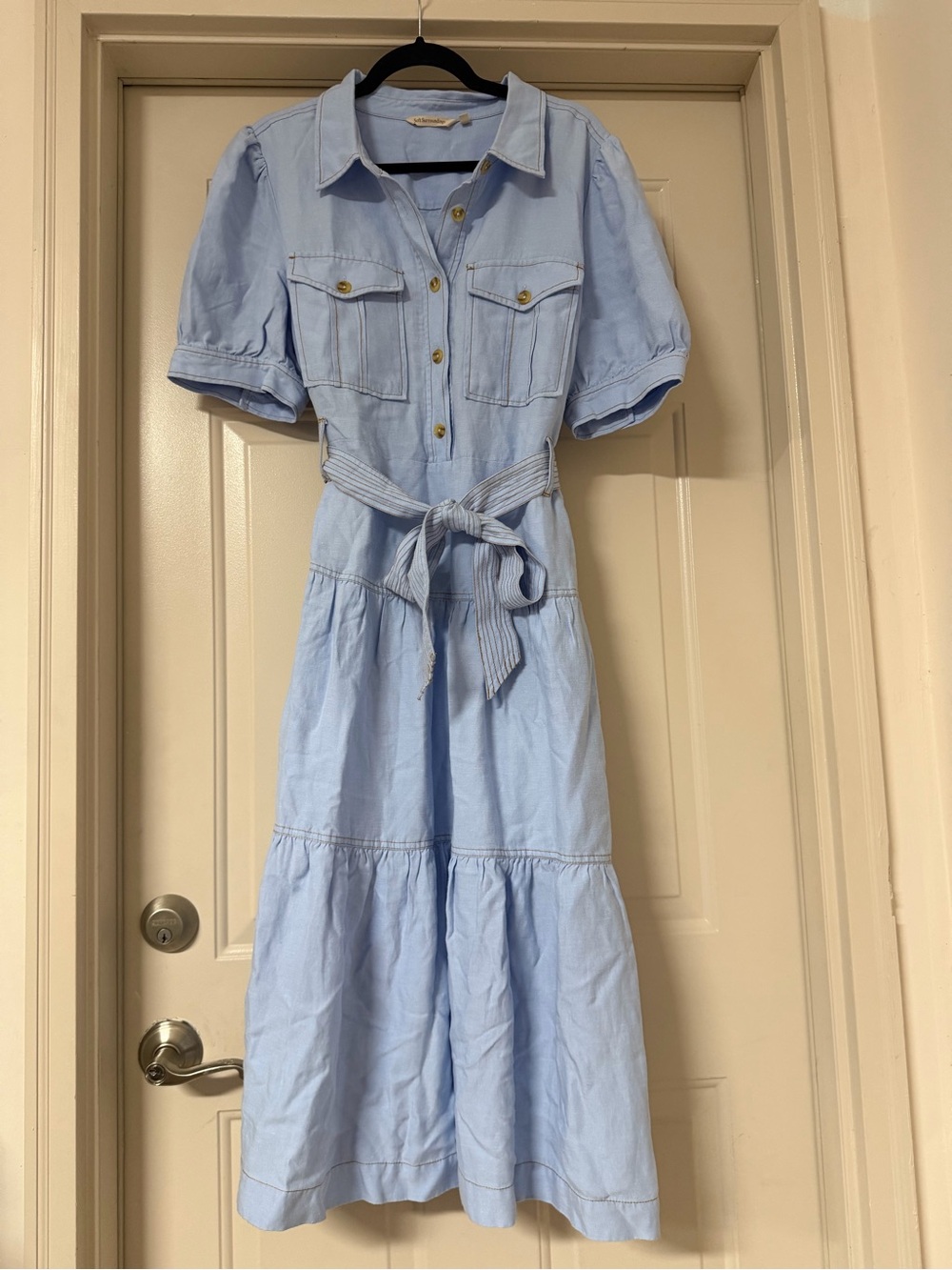 Soft Surroundings Linen Blend Light Blue Button Front Belted Midi Tiered Dress